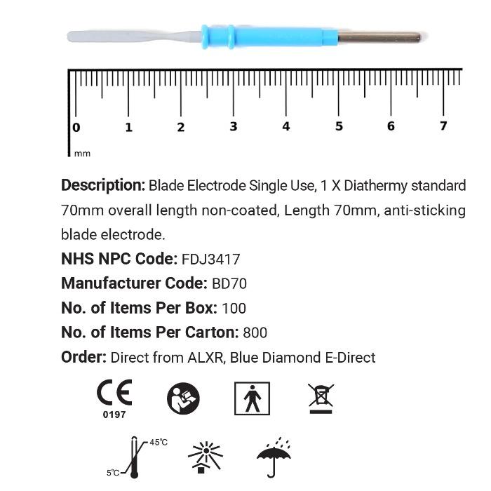 Blade Electrode Single Use, 1 X Diathermy standard 70mm