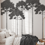 Papier peint panoramique noir et blanc avec arbres et forêt