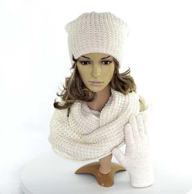 Ensemble hiver femme, bonnet, écharpe, gants, écru