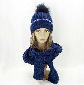 Ensemble hiver femme, bonnet à pompon, écharpe, bleu marine