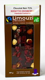 Tablettes de Chocolat noir BIO 71% noisette cranberries 100g