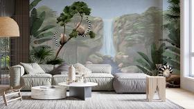 Papier peint panoramique et jungle avec lémuriens sur arbres