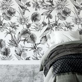 Papier peint plantes à fleurs de lotus  noir et blanc