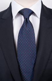 Cravate bleu à pois rouge et blanc + pochette assortie