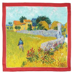 Petit Carré En Twill De Soie Imprimé Van Gogh Mas En Provence – Rouge