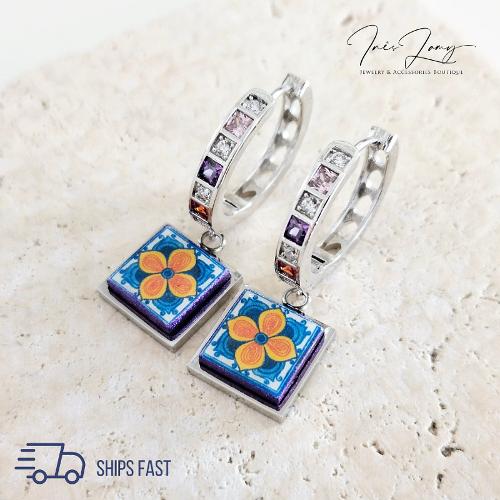 Violet - Boucles D'oreilles Fleur Mexicaine Orange Et Bleue