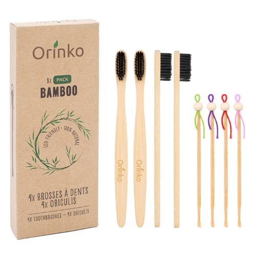 Pack de 4 brosses à dents en bambou + 4 cure-oreilles