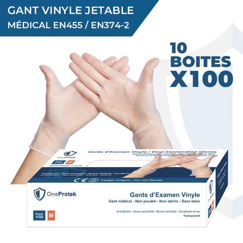 Protection médicale :: Gants médicaux :: Gants vinyle non poudrés ::  OneProtek - Boîte de 100 Gants d'examen Vinyle - Taille M