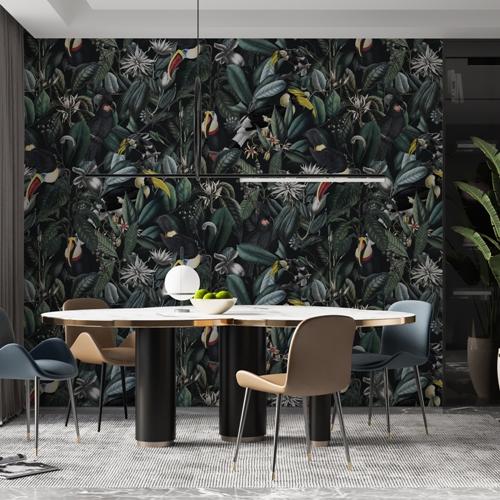 Papier peint avec plantes tropicales et toucans