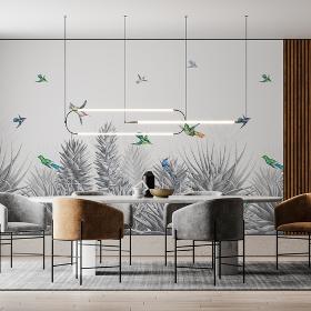 Papier peint panoramique avec oiseaux colorés et plantes