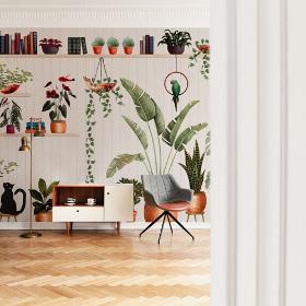 Papier peint panoramique avec pots de fleurs, plantes